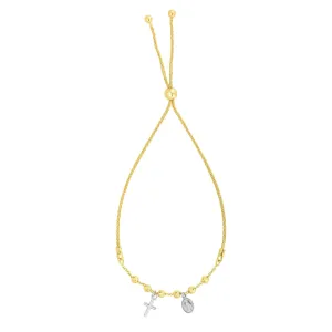 14k Yellow And White Gold Cross Charm Adjustable Bracelet, 9.25"