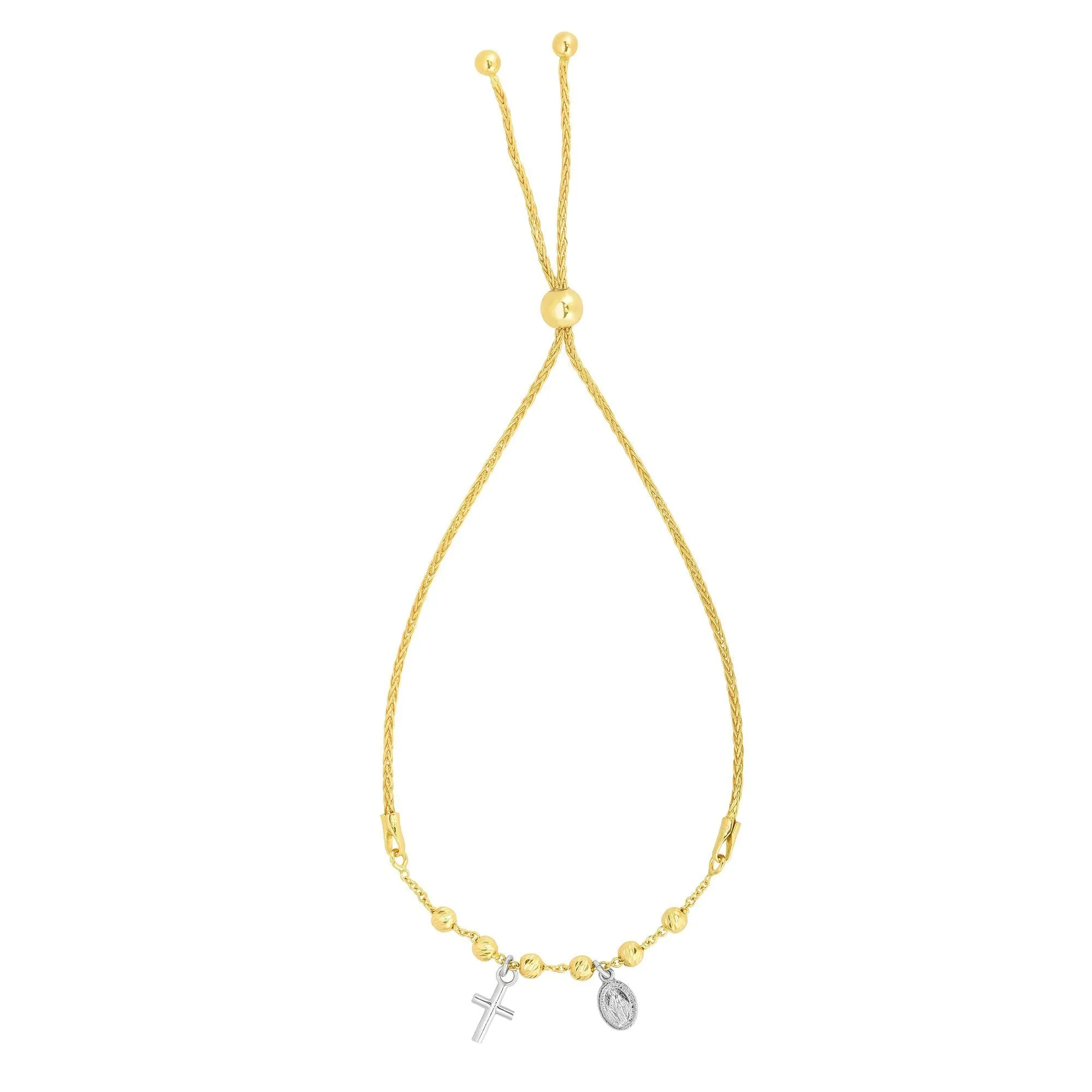 14k Yellow And White Gold Cross Charm Adjustable Bracelet, 9.25"