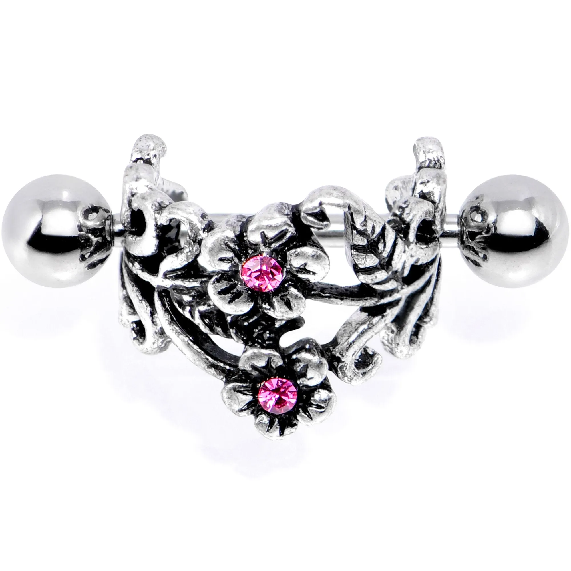 16 Gauge 1/2 Pink Gem Double Daisy Flower Cuff Cartilage Earring