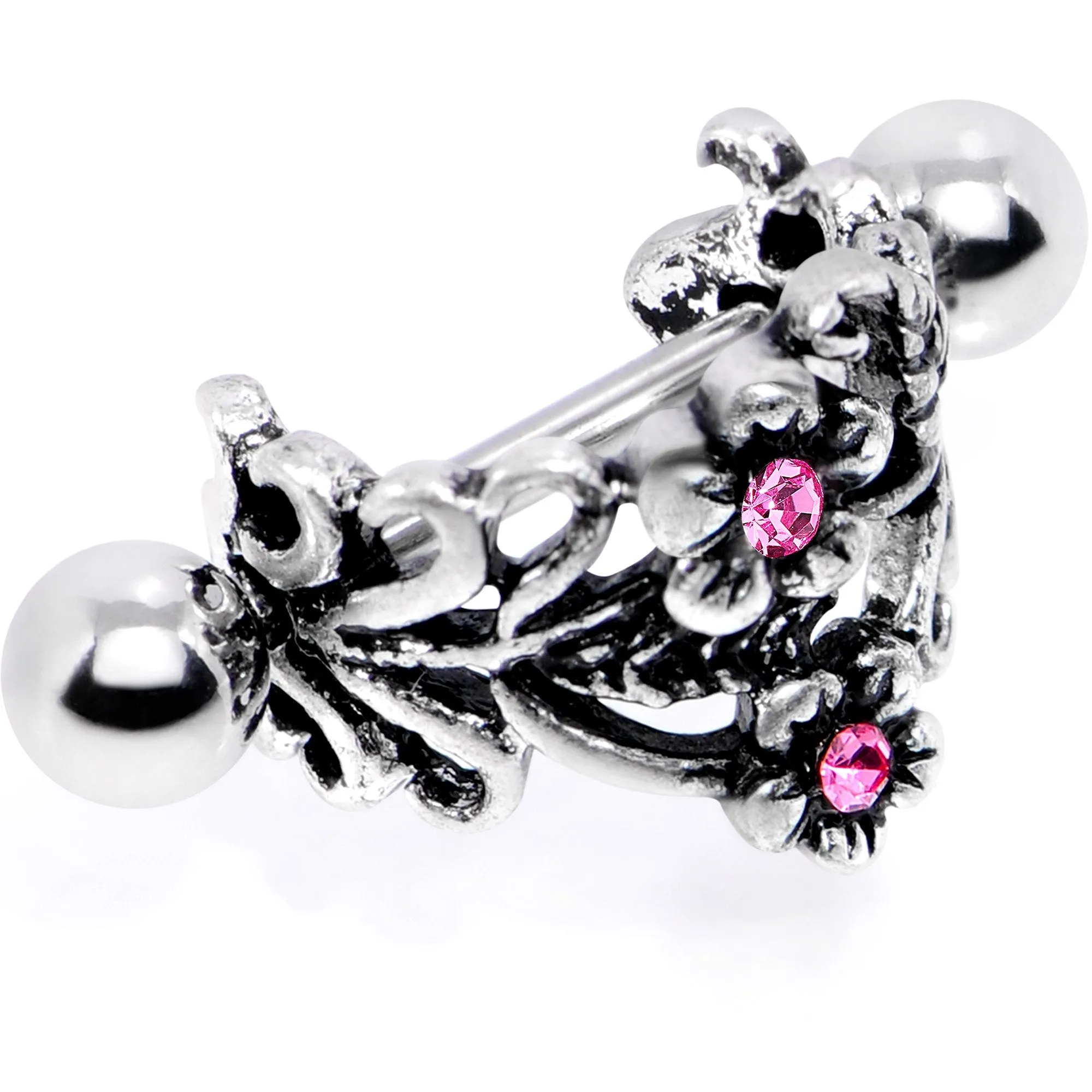 16 Gauge 1/2 Pink Gem Double Daisy Flower Cuff Cartilage Earring