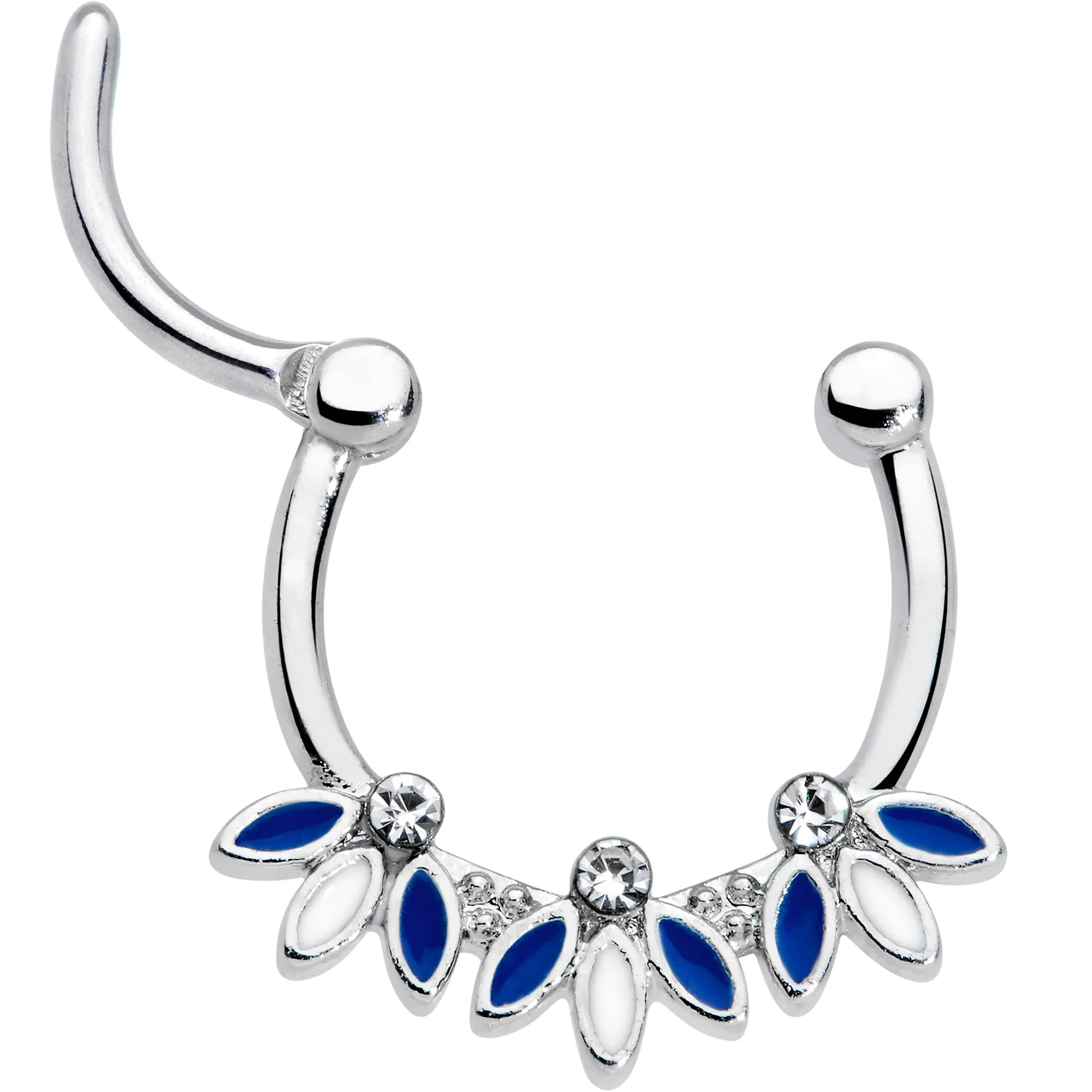 16 Gauge 3/8 Clear Gem White Blue Leaves Septum Clicker