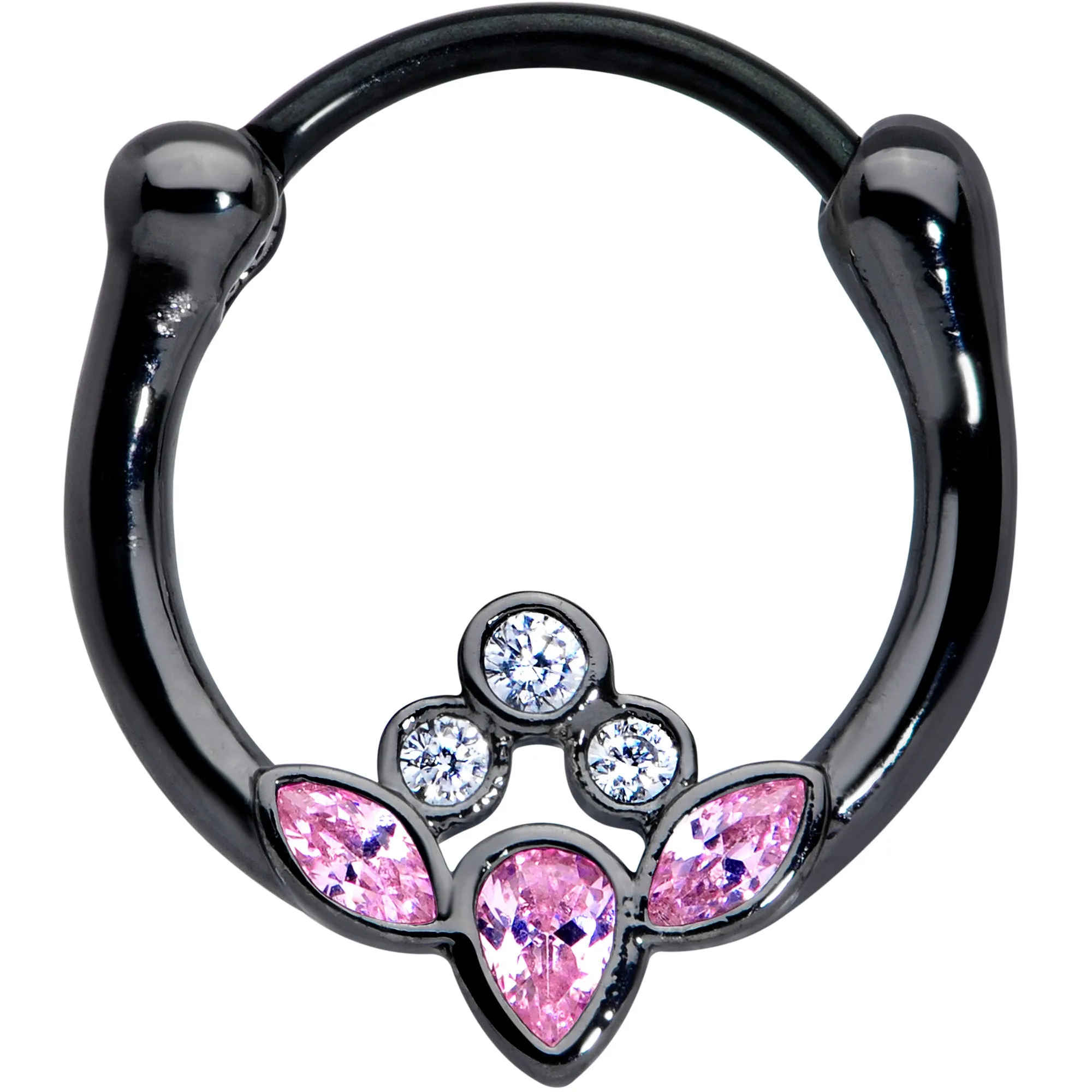 16 Gauge 3/8 Clear Pink Gem Black Anodized Classic Cluster Septum Clicker