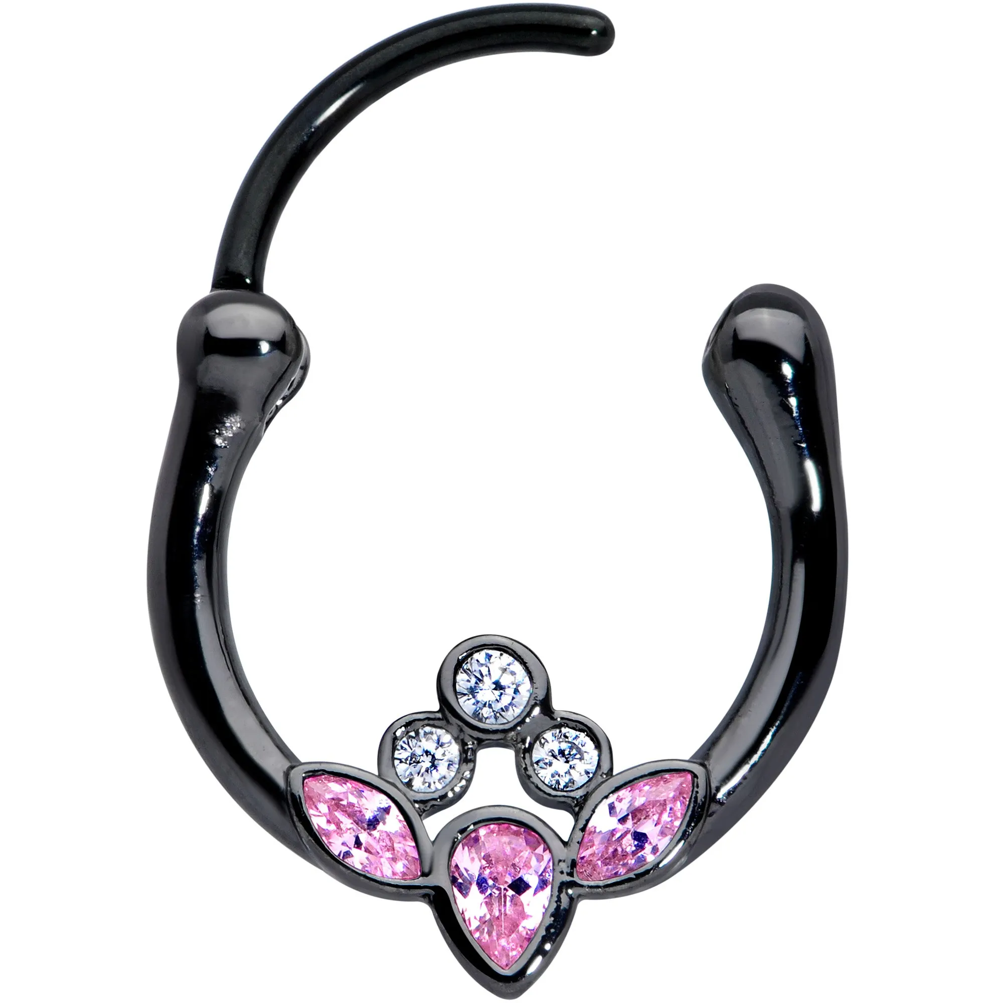 16 Gauge 3/8 Clear Pink Gem Black Anodized Classic Cluster Septum Clicker