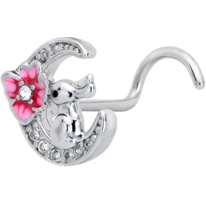 20 Gauge 7mm Clear CZ Gem Rabbit On The Moon Pink Left Side Nose Screw