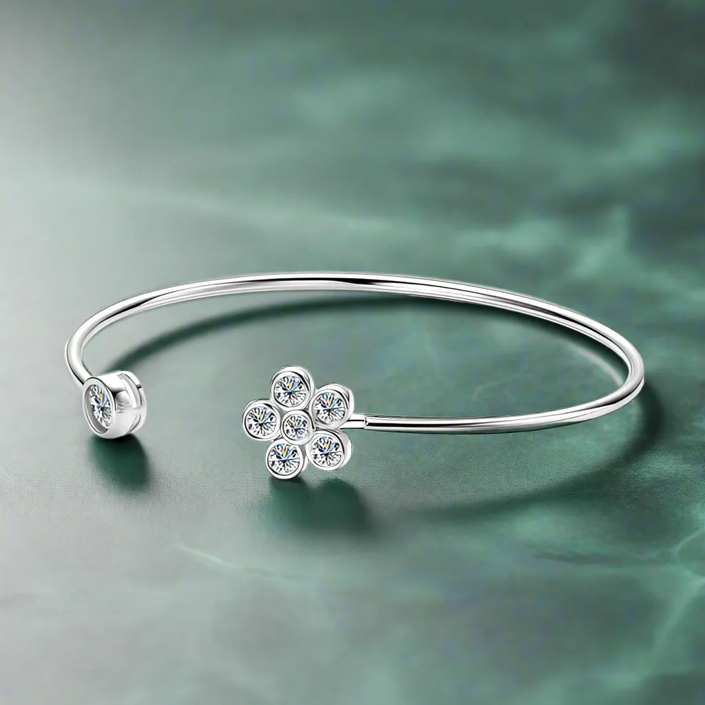 925 Silver Moissanite Flower Cuff Bracelet