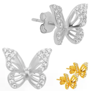 925 Sterling Silver Hollow Butterfly Design with Cubic Zirconia Earrings Stud Push Backing