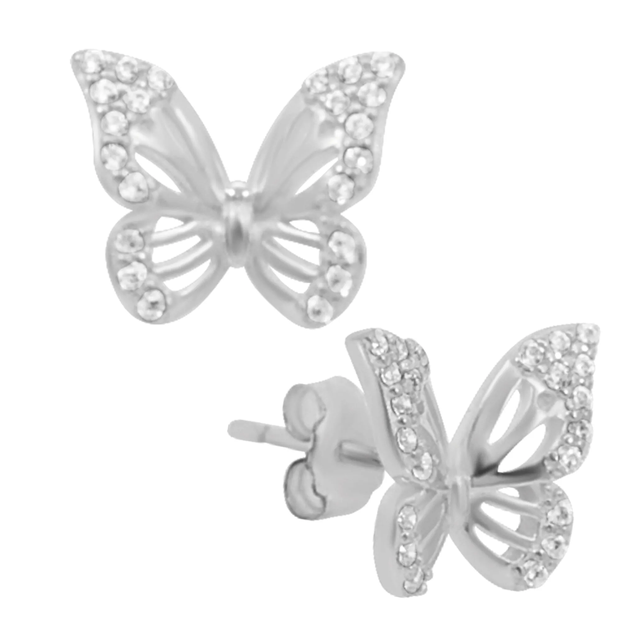 925 Sterling Silver Hollow Butterfly Design with Cubic Zirconia Earrings Stud Push Backing