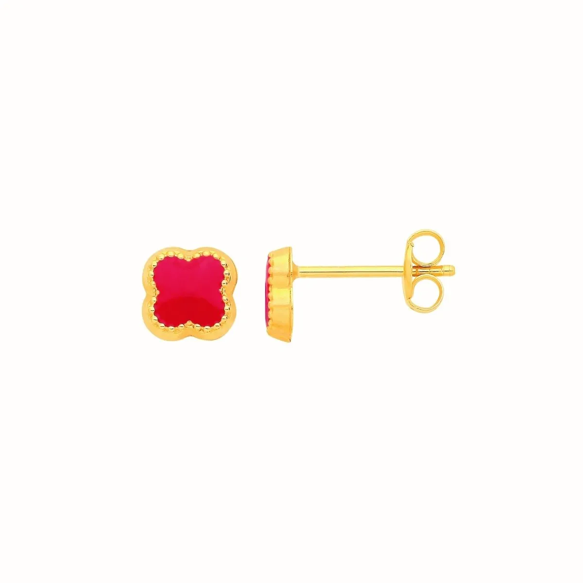 9ct Yellow Gold 6mm Red Four Leaf Clover Stud Earrings