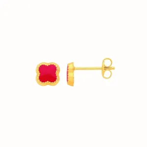 9ct Yellow Gold 6mm Red Four Leaf Clover Stud Earrings