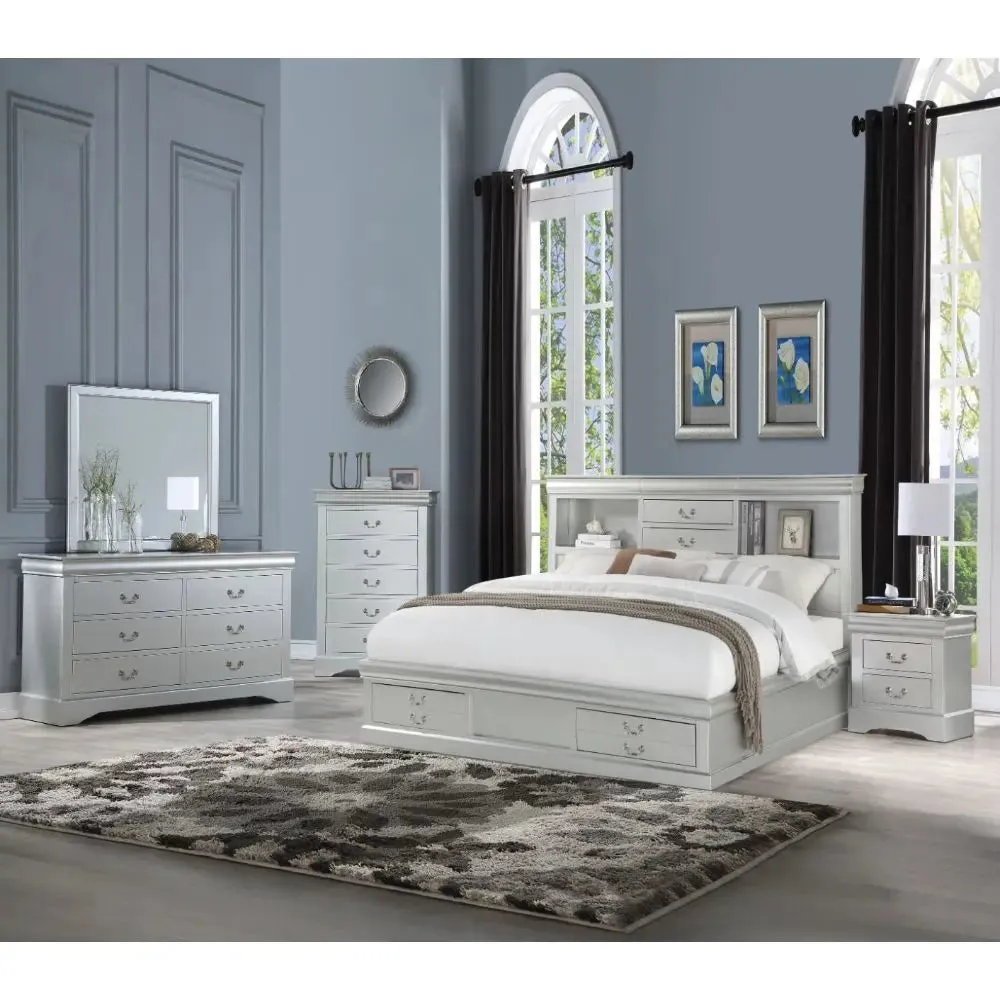 Araceli Queen Bed w/Bookcase Headboard and Storage Drawer, Platinum