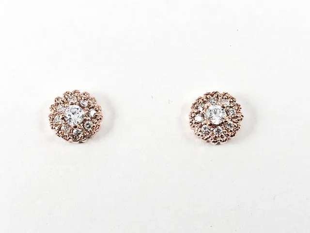 Beautiful Dainty Round Shape Layered CZ Pink Gold Tone Silver Earrings