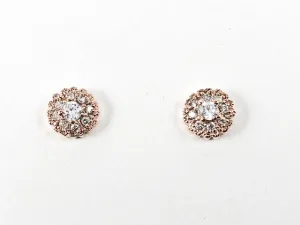 Beautiful Dainty Round Shape Layered CZ Pink Gold Tone Silver Earrings