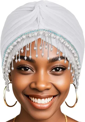 Bohend Beaded Rhinestone Turban Hat Knot Headwrap Beanie Pre Tied Pleated Headscarf Bonnet Women Tassel Head Cover Caps