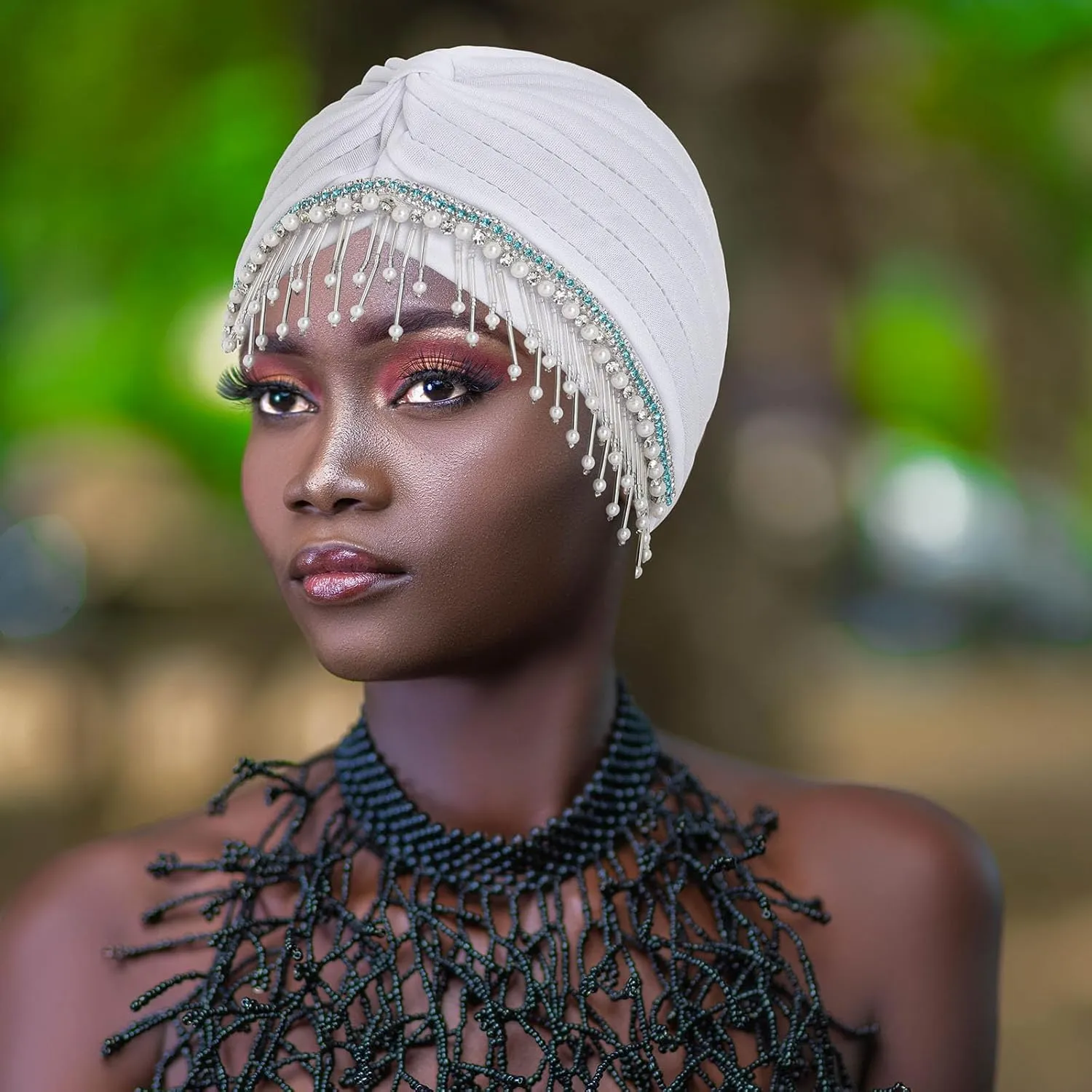 Bohend Beaded Rhinestone Turban Hat Knot Headwrap Beanie Pre Tied Pleated Headscarf Bonnet Women Tassel Head Cover Caps