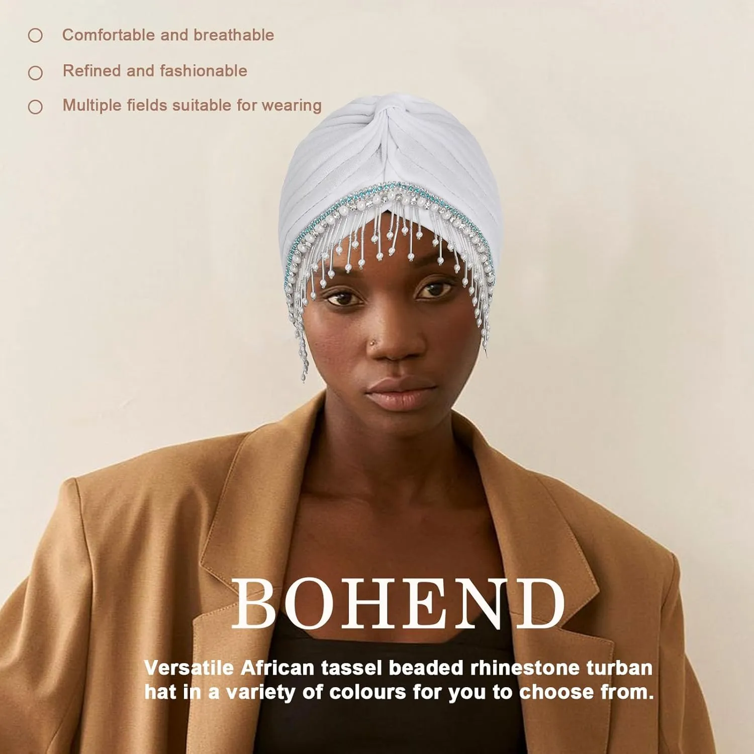 Bohend Beaded Rhinestone Turban Hat Knot Headwrap Beanie Pre Tied Pleated Headscarf Bonnet Women Tassel Head Cover Caps