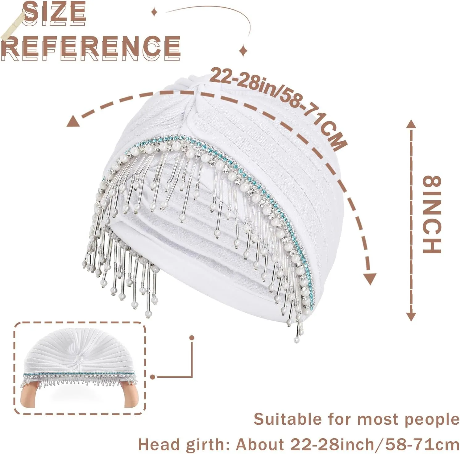 Bohend Beaded Rhinestone Turban Hat Knot Headwrap Beanie Pre Tied Pleated Headscarf Bonnet Women Tassel Head Cover Caps