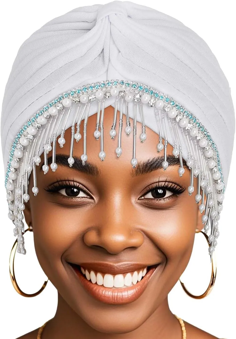 Bohend Beaded Rhinestone Turban Hat Knot Headwrap Beanie Pre Tied Pleated Headscarf Bonnet Women Tassel Head Cover Caps