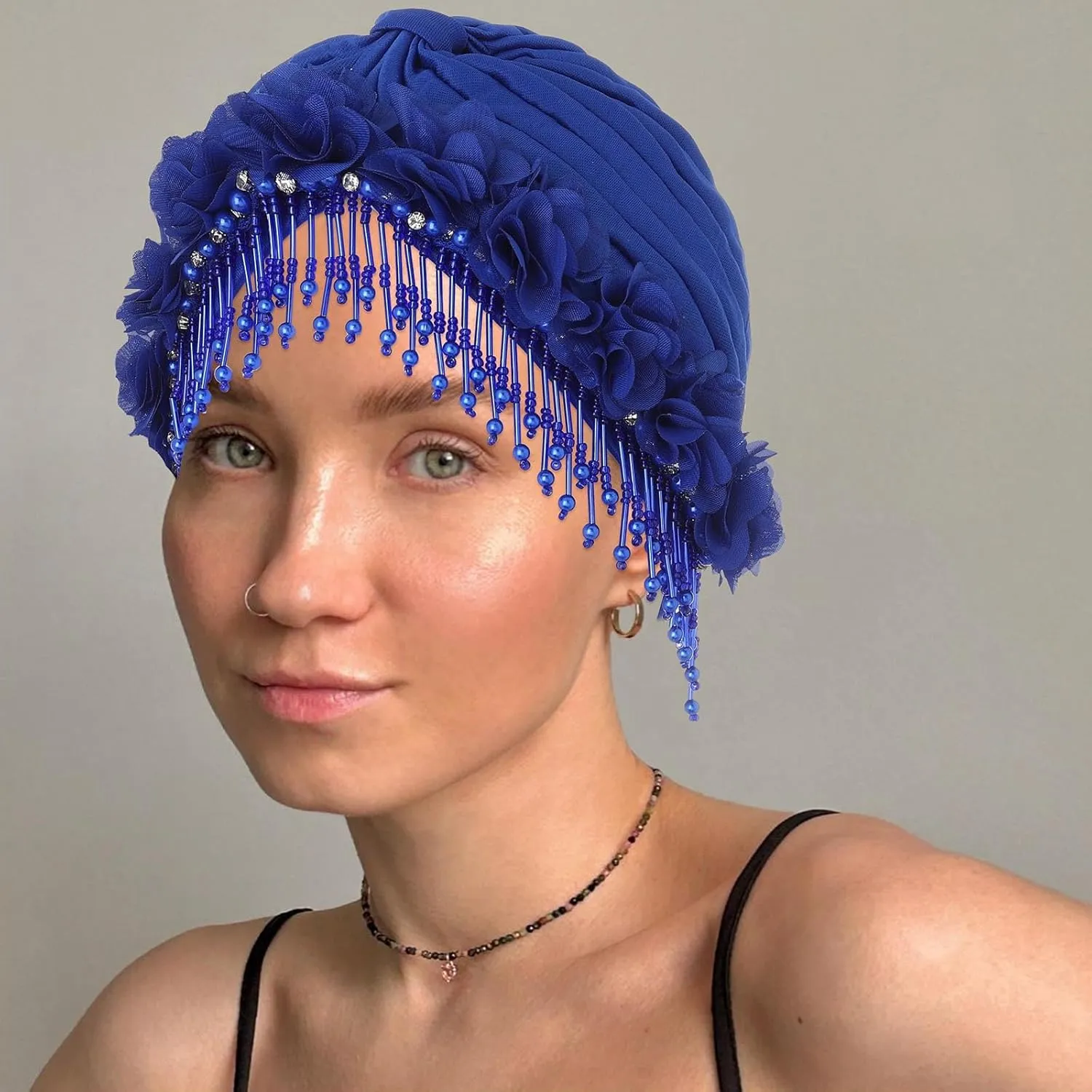 Bohend Beaded Rhinestone Turban Hat Knot Headwrap Beanie Pre Tied Pleated Headscarf Bonnet Women Tassel Head Cover Caps