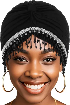 Bohend Beaded Rhinestone Turban Hat Knot Headwrap Beanie Pre Tied Pleated Headscarf Bonnet Women Tassel Head Cover Caps