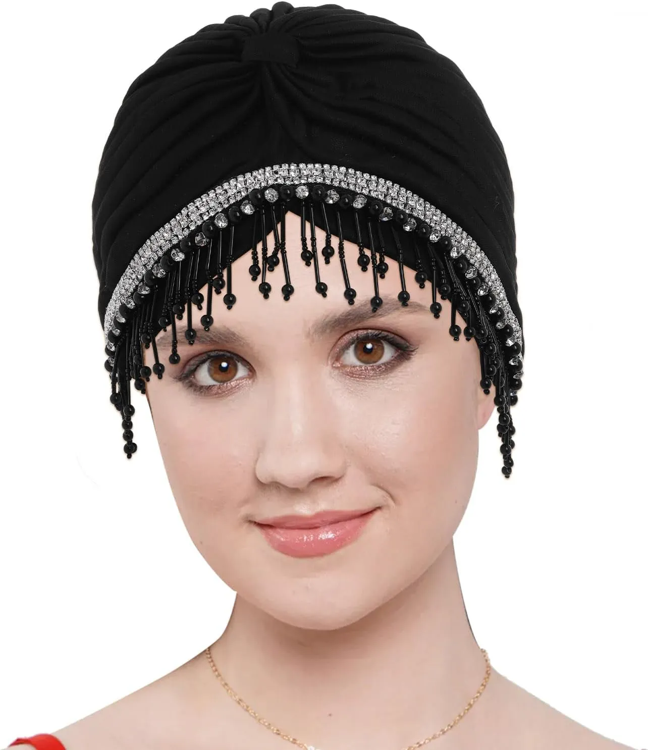 Bohend Beaded Rhinestone Turban Hat Knot Headwrap Beanie Pre Tied Pleated Headscarf Bonnet Women Tassel Head Cover Caps