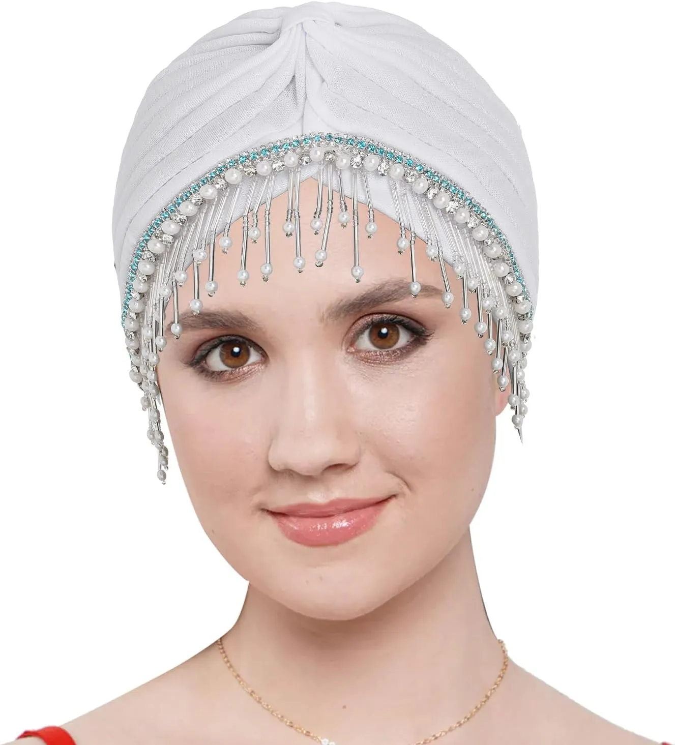 Bohend Beaded Rhinestone Turban Hat Knot Headwrap Beanie Pre Tied Pleated Headscarf Bonnet Women Tassel Head Cover Caps