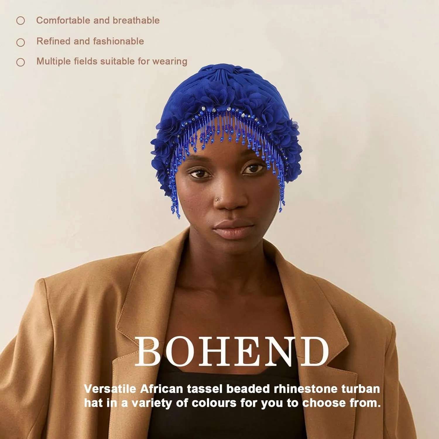 Bohend Beaded Rhinestone Turban Hat Knot Headwrap Beanie Pre Tied Pleated Headscarf Bonnet Women Tassel Head Cover Caps