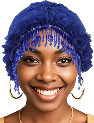 Bohend Beaded Rhinestone Turban Hat Knot Headwrap Beanie Pre Tied Pleated Headscarf Bonnet Women Tassel Head Cover Caps