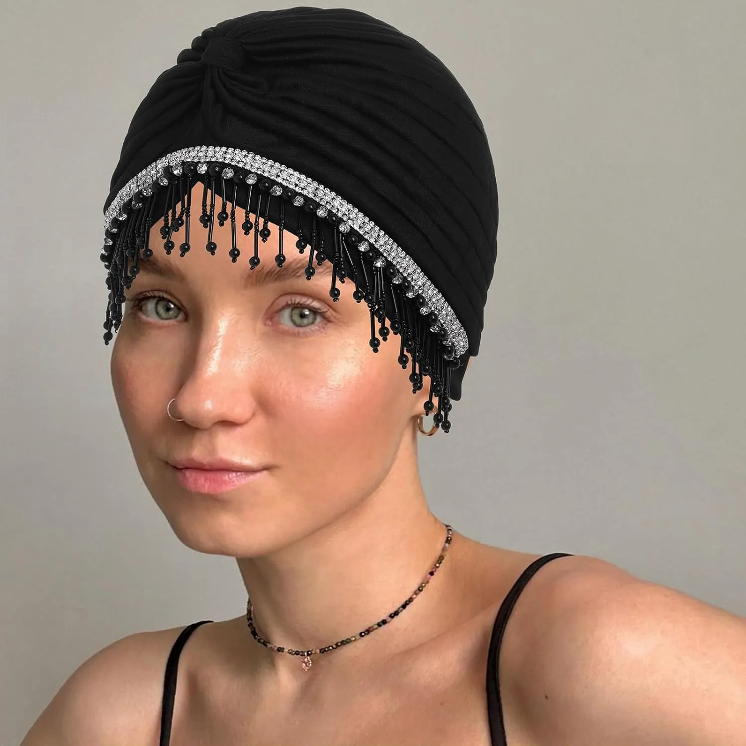 Bohend Beaded Rhinestone Turban Hat Knot Headwrap Beanie Pre Tied Pleated Headscarf Bonnet Women Tassel Head Cover Caps