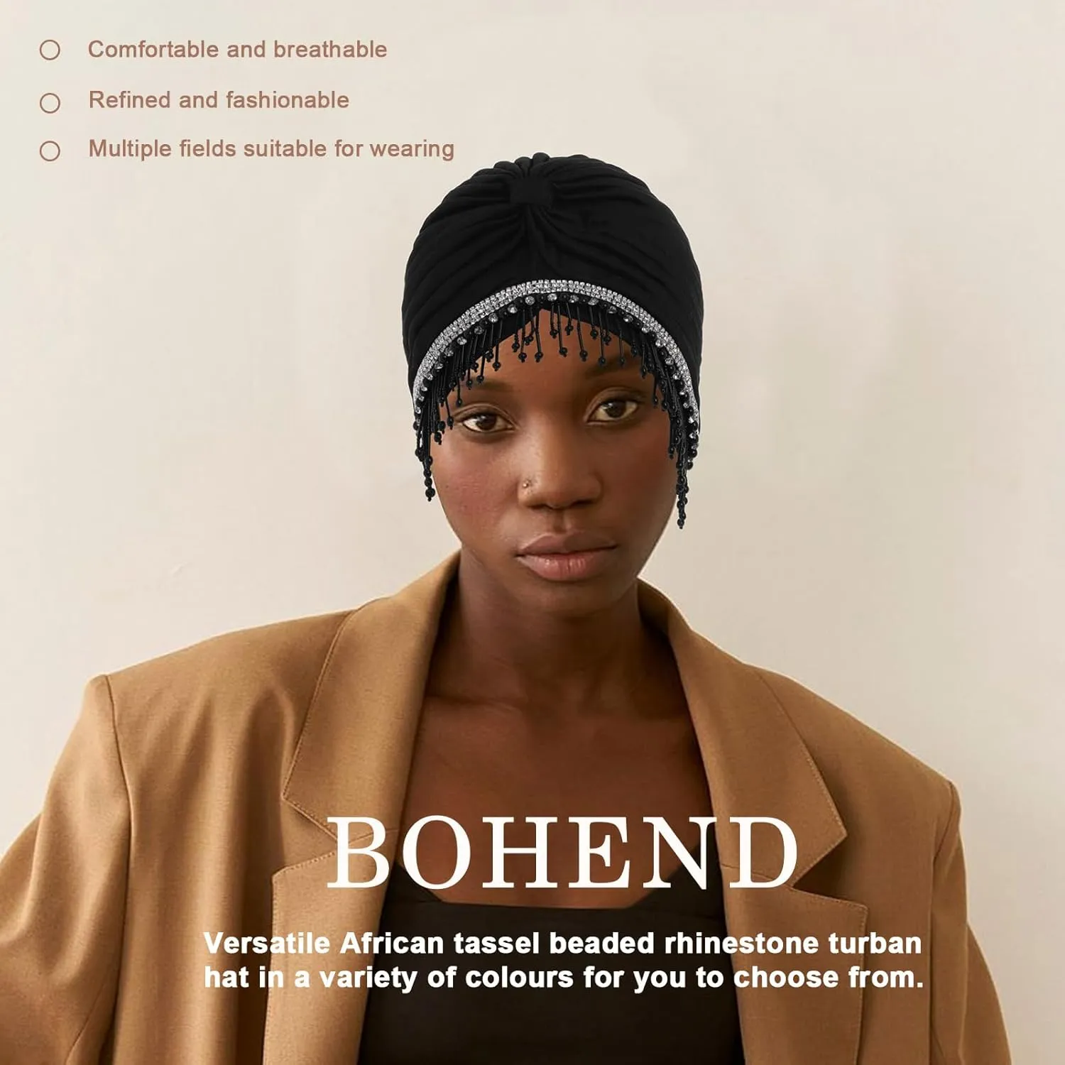 Bohend Beaded Rhinestone Turban Hat Knot Headwrap Beanie Pre Tied Pleated Headscarf Bonnet Women Tassel Head Cover Caps