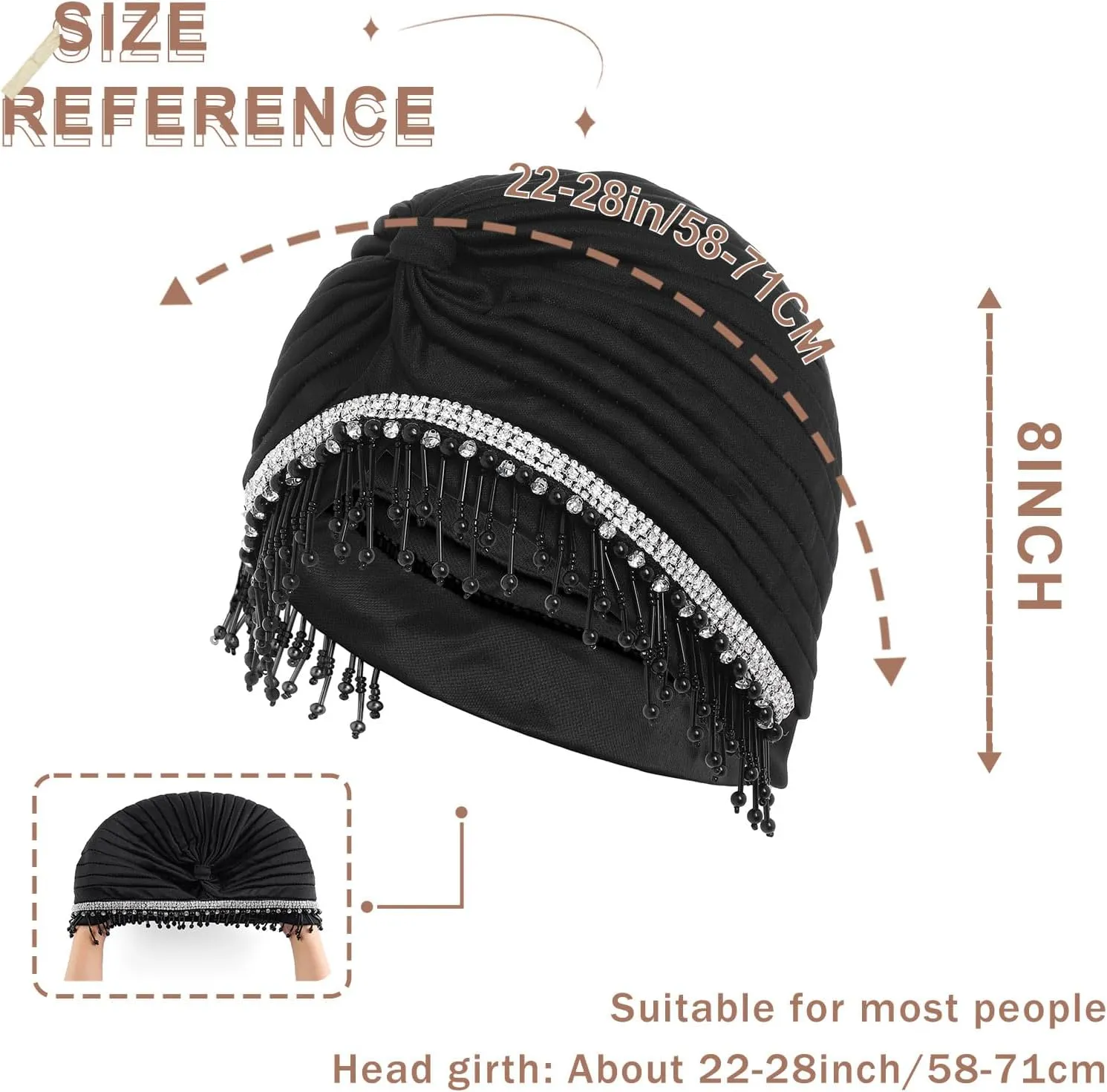 Bohend Beaded Rhinestone Turban Hat Knot Headwrap Beanie Pre Tied Pleated Headscarf Bonnet Women Tassel Head Cover Caps