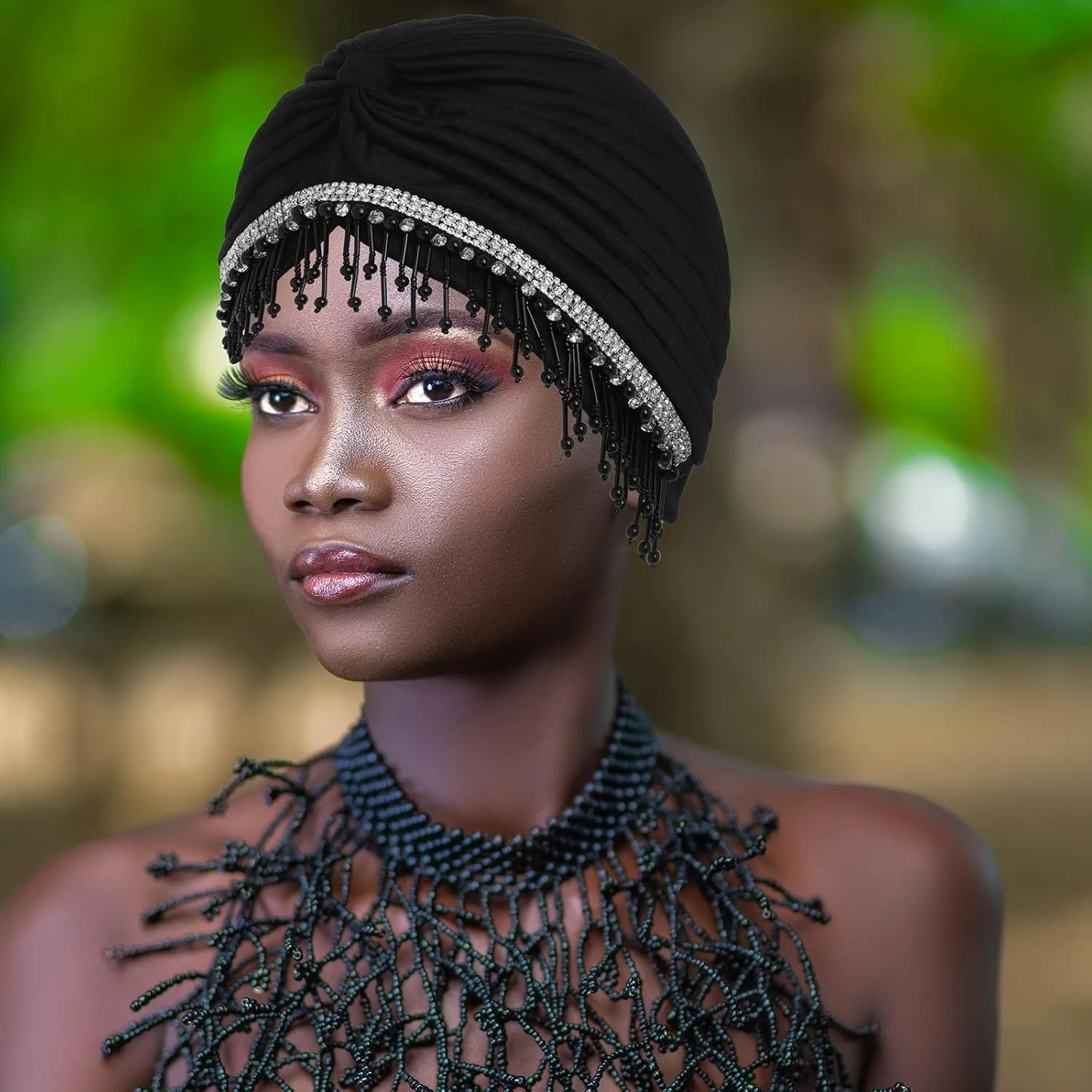 Bohend Beaded Rhinestone Turban Hat Knot Headwrap Beanie Pre Tied Pleated Headscarf Bonnet Women Tassel Head Cover Caps