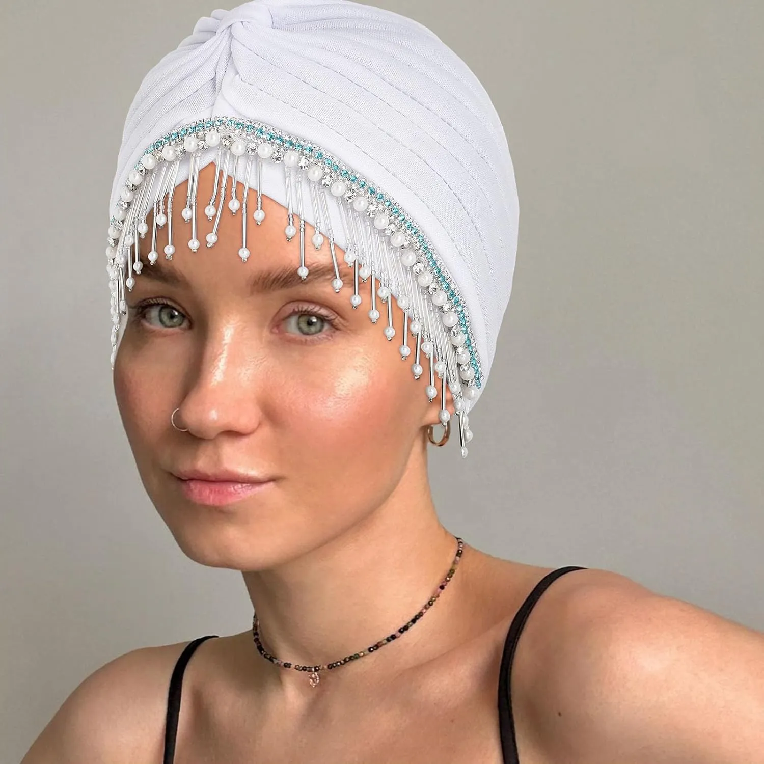 Bohend Beaded Rhinestone Turban Hat Knot Headwrap Beanie Pre Tied Pleated Headscarf Bonnet Women Tassel Head Cover Caps