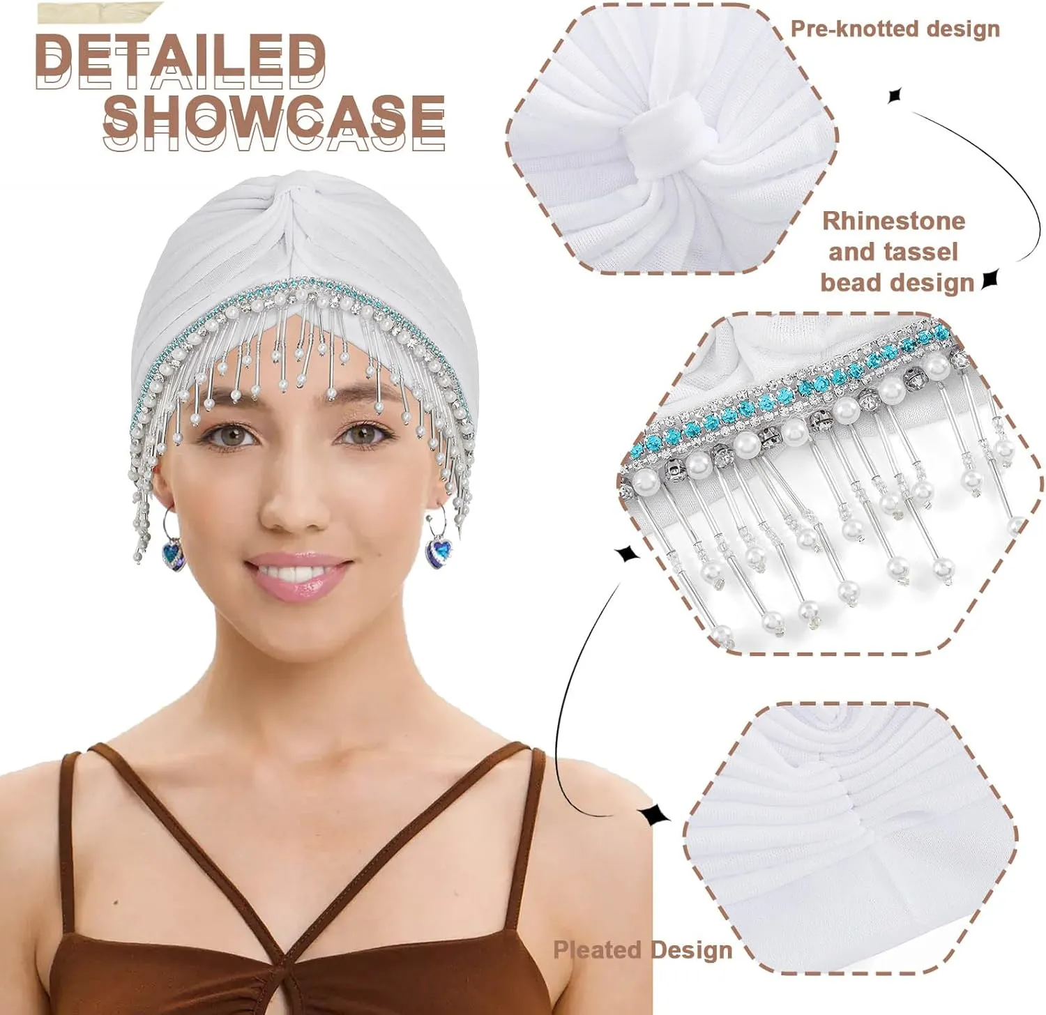 Bohend Beaded Rhinestone Turban Hat Knot Headwrap Beanie Pre Tied Pleated Headscarf Bonnet Women Tassel Head Cover Caps