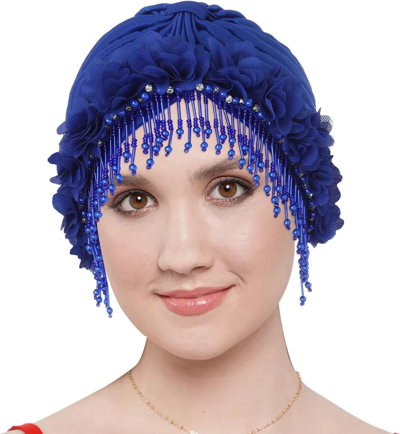Bohend Beaded Rhinestone Turban Hat Knot Headwrap Beanie Pre Tied Pleated Headscarf Bonnet Women Tassel Head Cover Caps