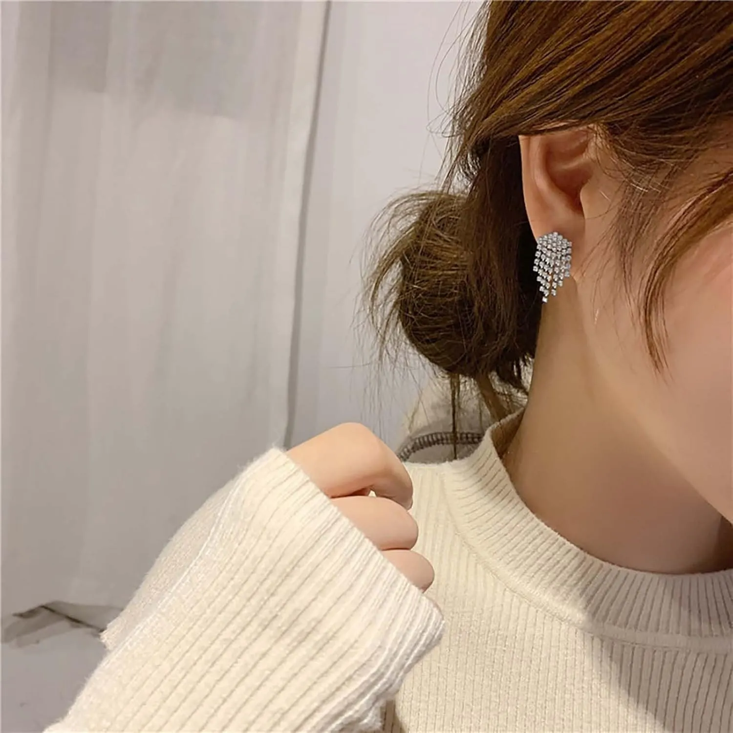 Boho Crystal Tassel Drop Earrings Rhinestone Chandeliers Earrings Cz Paved tassel Earrings tiny rhinestone dangle Earrings wedding Jewelry for Women and Girls