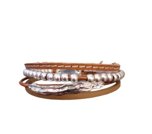BRACELET SILVER PEARL AND CAMEL LEATHER