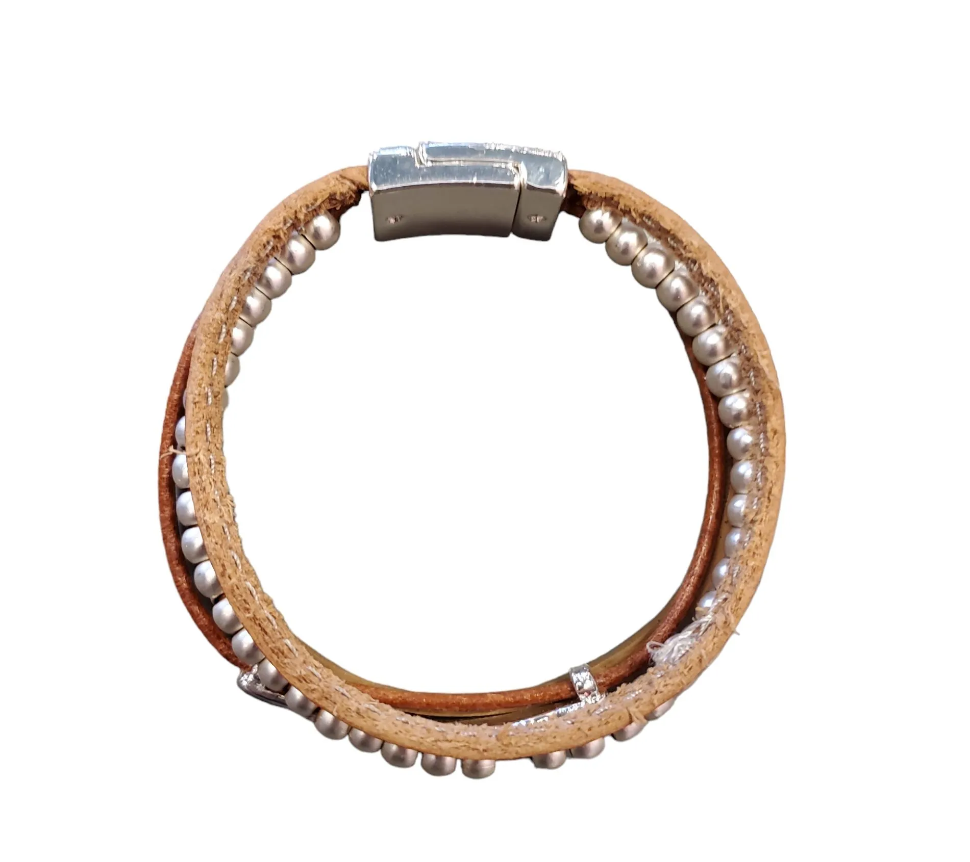 BRACELET SILVER PEARL AND CAMEL LEATHER