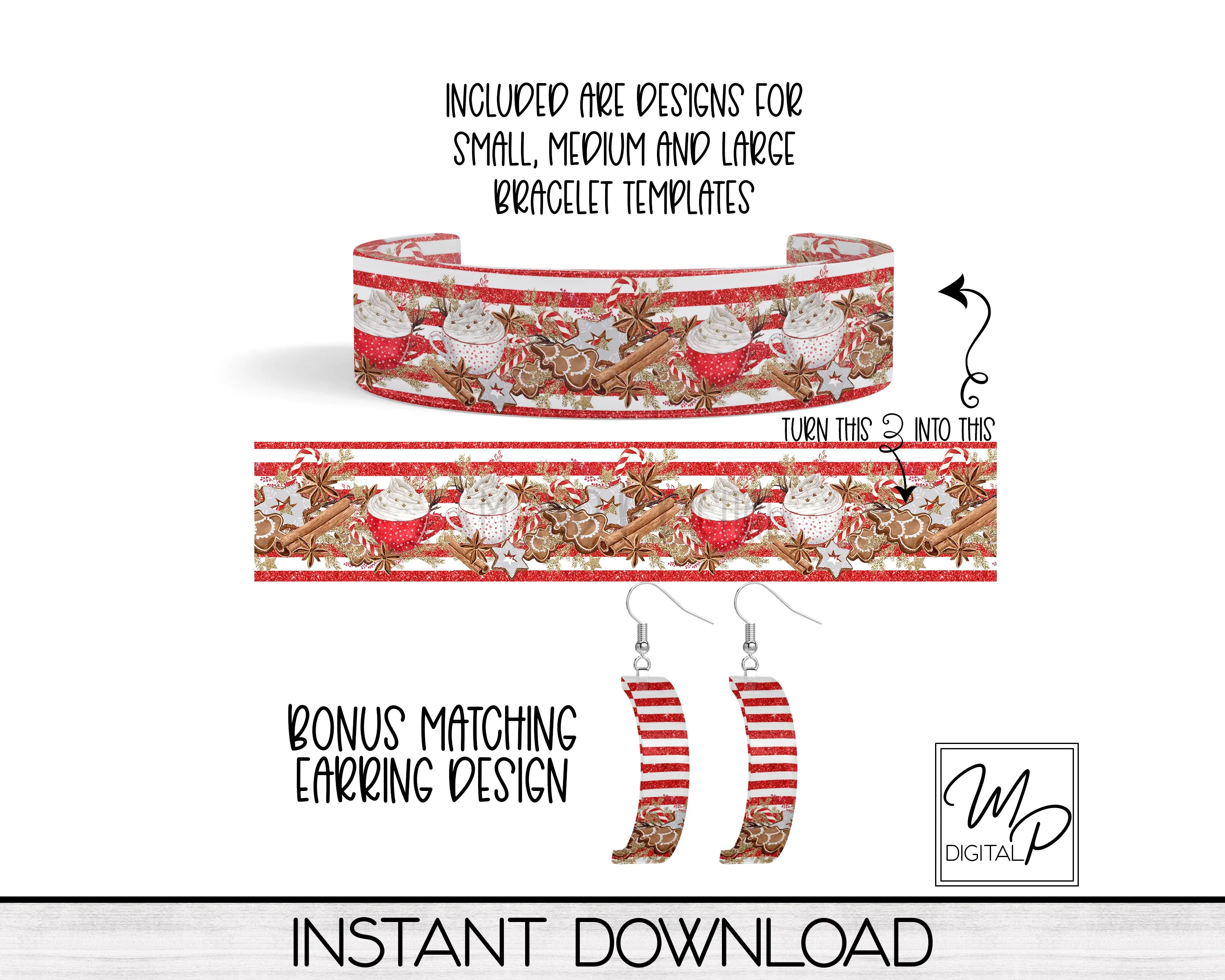 Christmas Gingerbread Acrylic Cuff Bracelet PNG Design for Sublimation, Bonus Earring Design, Digital Download