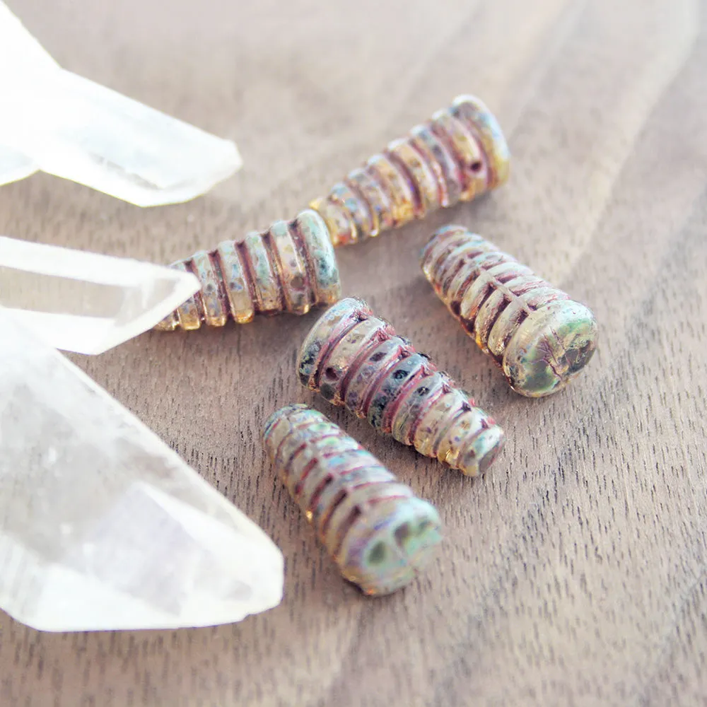 Cone Czech Pressed Glass Beads 19mm x 10mm - Picasso Forest Green - 6 Beads - CB280