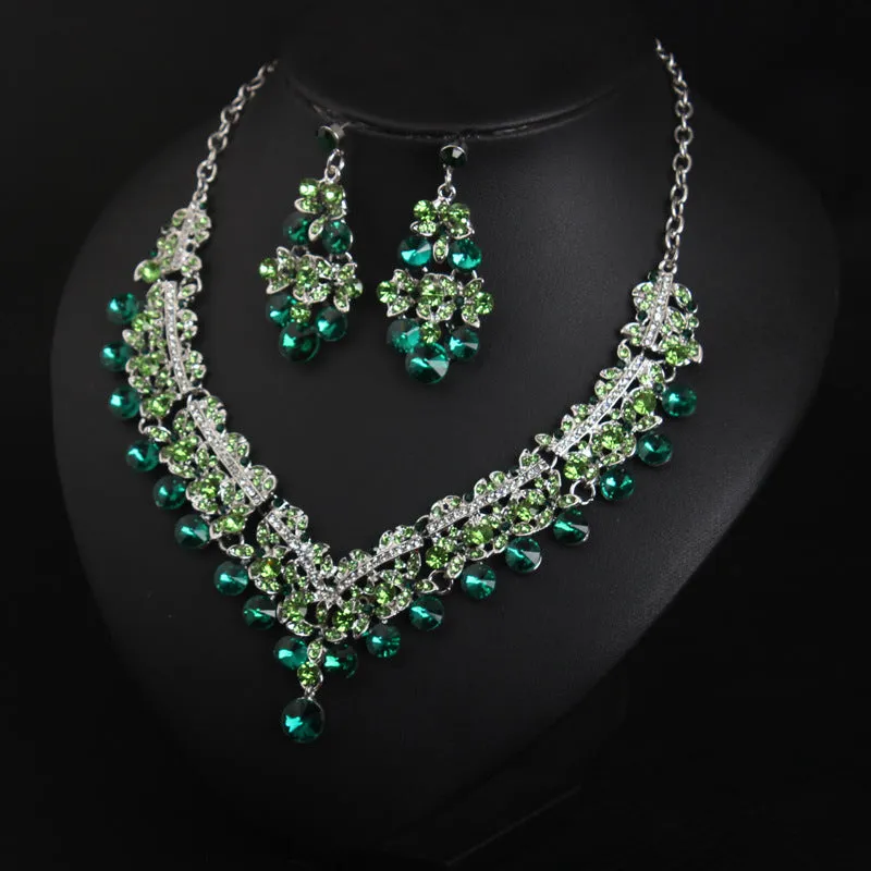 Crystal gem transparent necklace earrings set European and American bride wedding dress female fashion accessories
