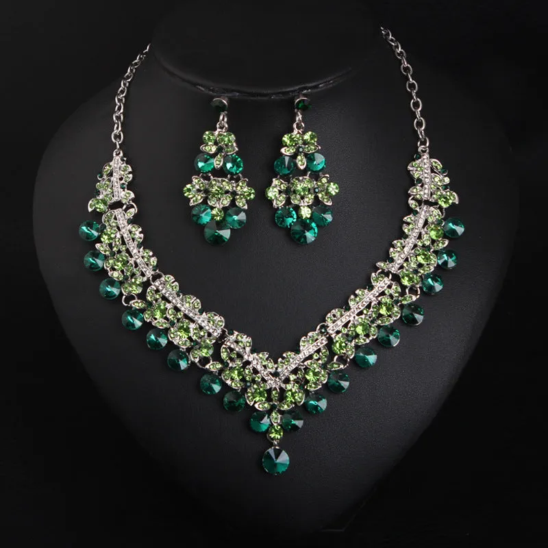 Crystal gem transparent necklace earrings set European and American bride wedding dress female fashion accessories