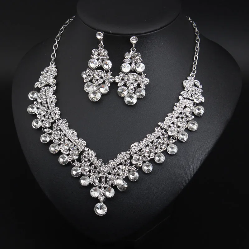 Crystal gem transparent necklace earrings set European and American bride wedding dress female fashion accessories