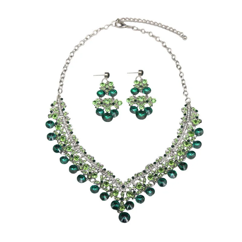 Crystal gem transparent necklace earrings set European and American bride wedding dress female fashion accessories