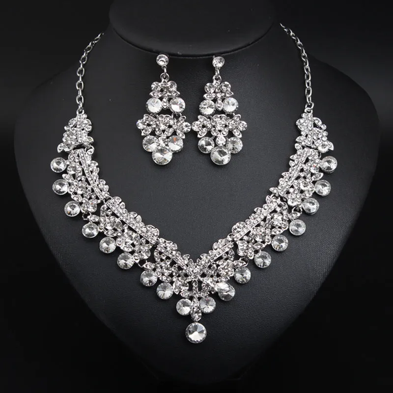 Crystal gem transparent necklace earrings set European and American bride wedding dress female fashion accessories