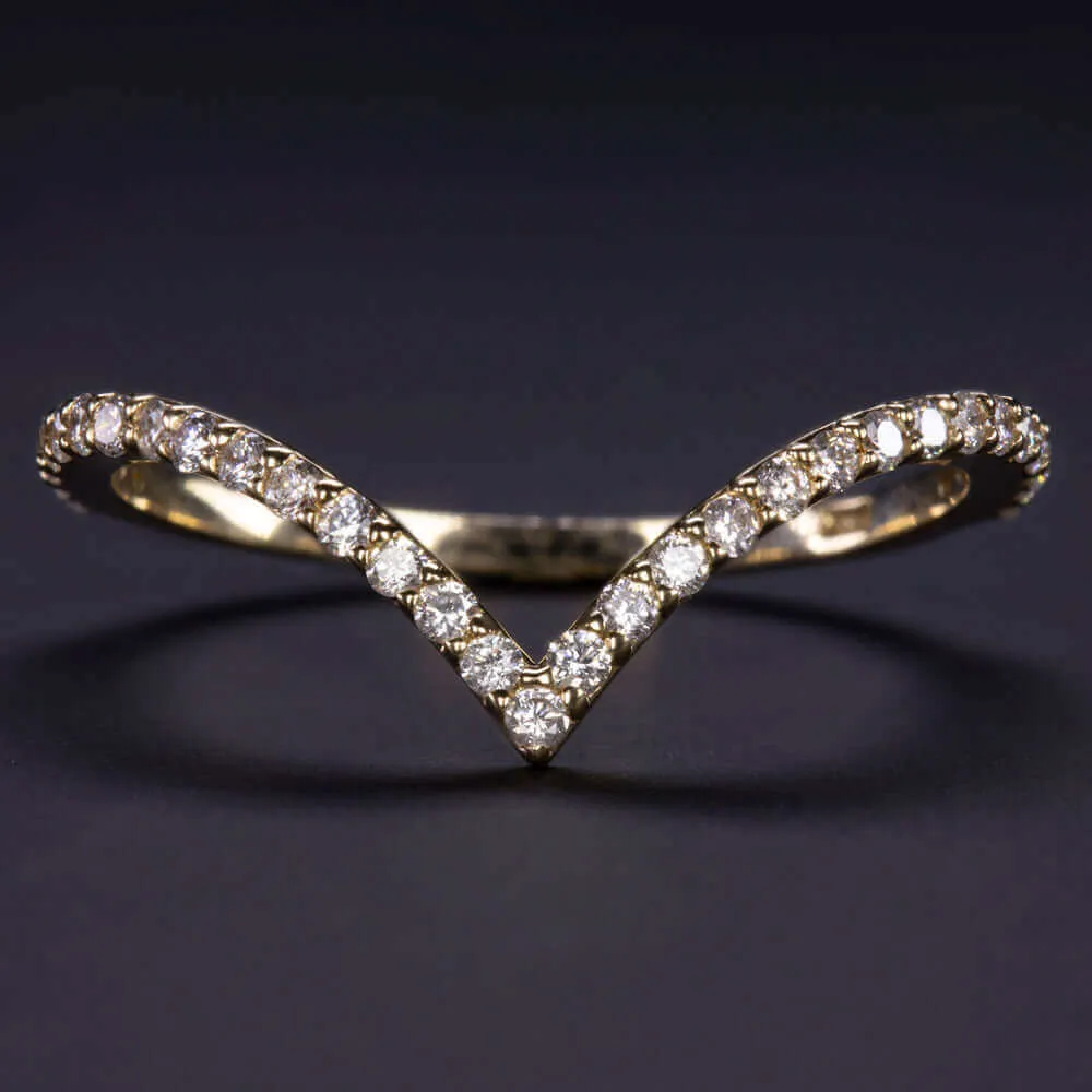 DIAMOND 14k YELLOW GOLD WEDDING BAND PAVE V RING CONTOUR CHEVRON STACKING CURVE