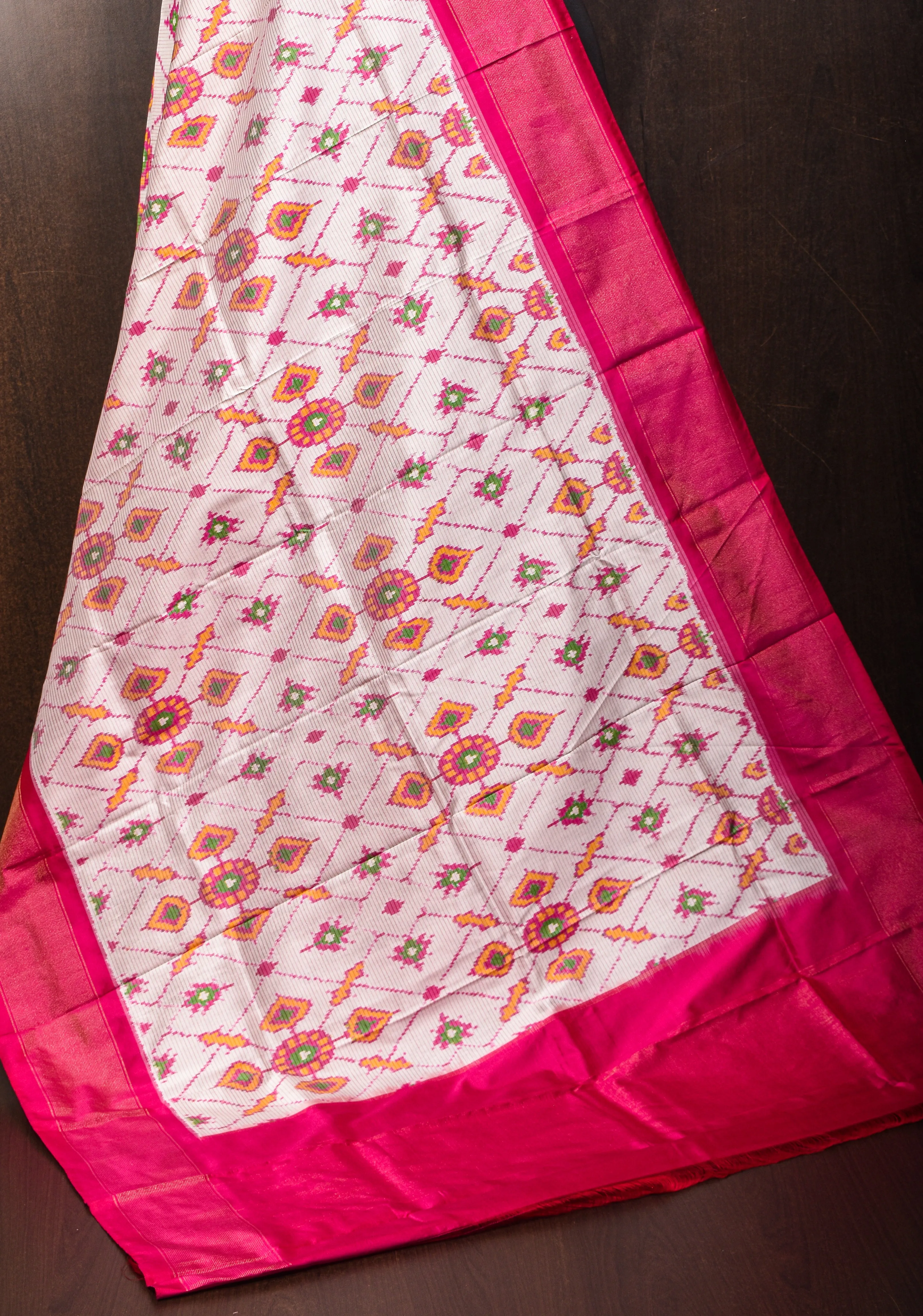 Dupatta : White and Pink Ikkat Patola Design Pure Silk Dupatta with handmade tassels I SILK MARK CERTIFIED