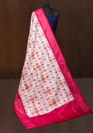Dupatta : White and Pink Ikkat Patola Design Pure Silk Dupatta with handmade tassels I SILK MARK CERTIFIED