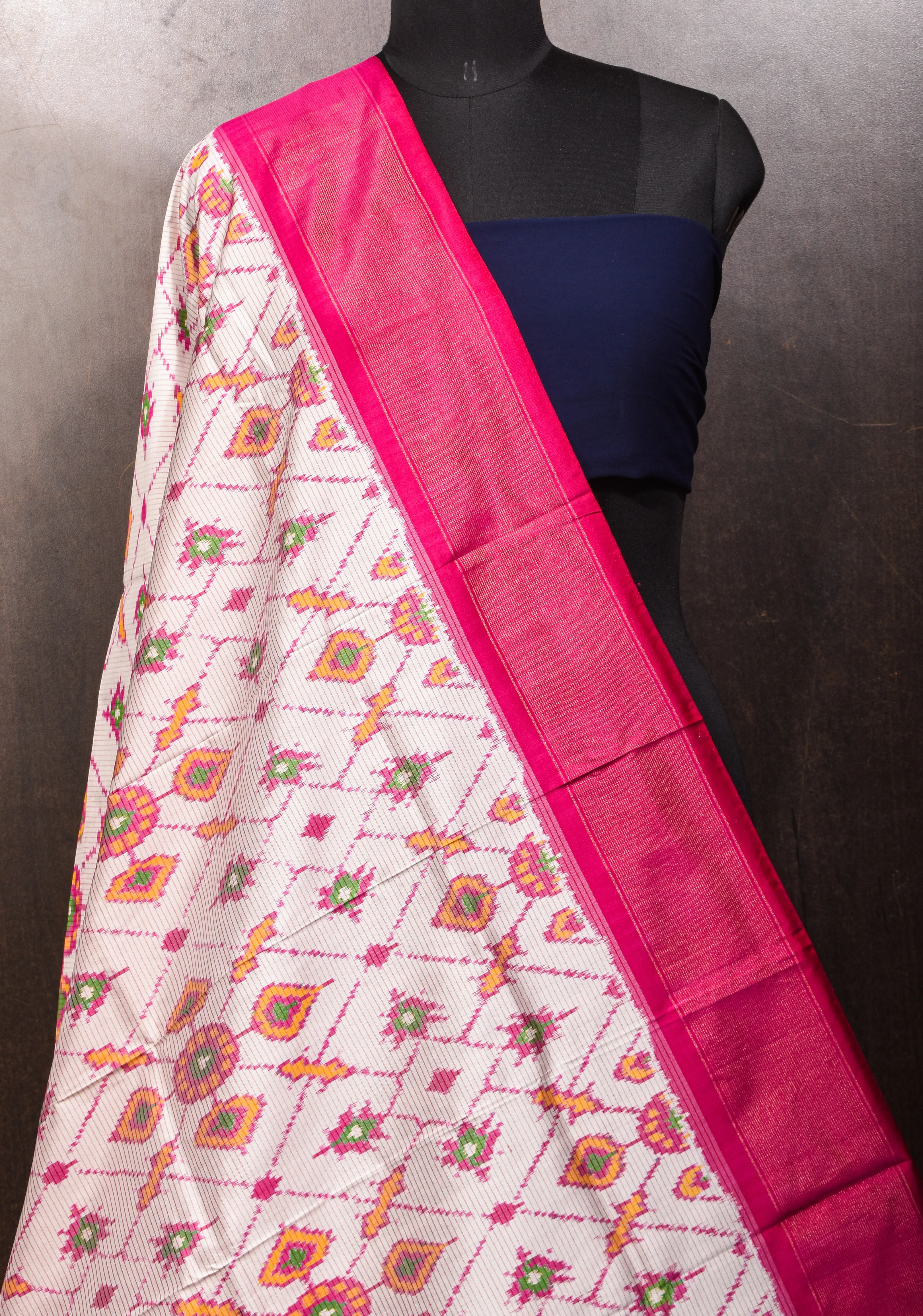 Dupatta : White and Pink Ikkat Patola Design Pure Silk Dupatta with handmade tassels I SILK MARK CERTIFIED