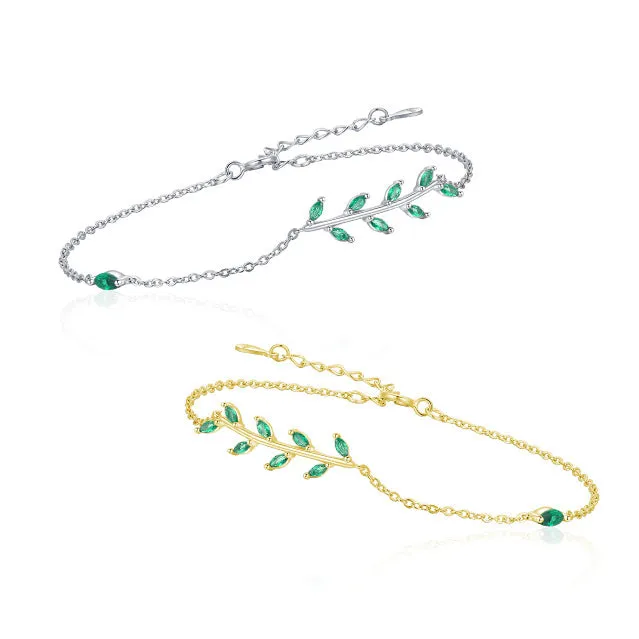 Everyday Genie Sterling Silver Green Leaf Bracelet with Zircon Gem