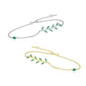 Everyday Genie Sterling Silver Green Leaf Bracelet with Zircon Gem